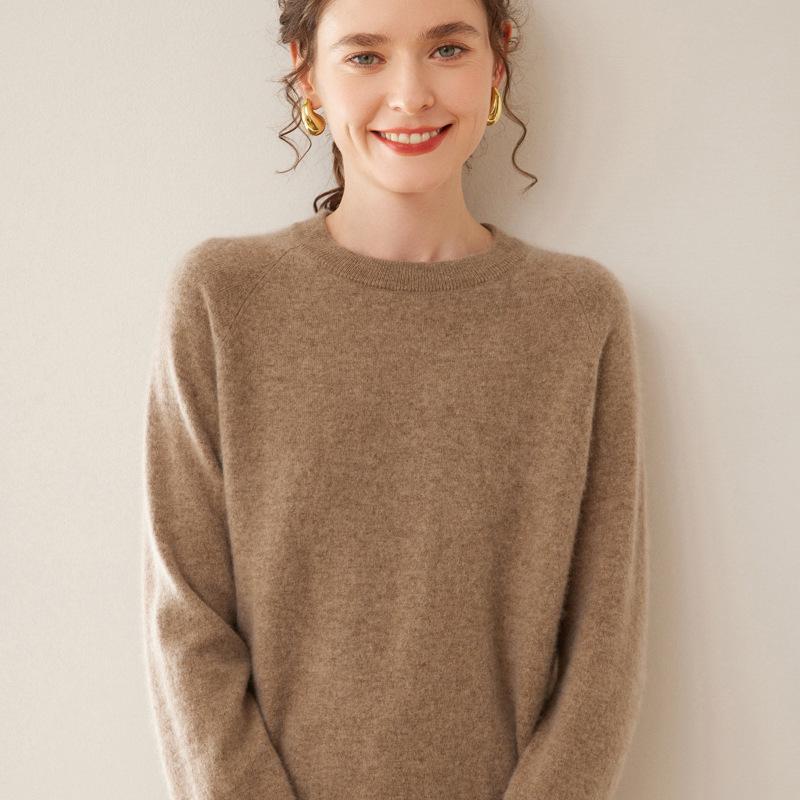 Women's Cashmere Round Neck Sweater - Solid Color Pullover for Autumn/Winter