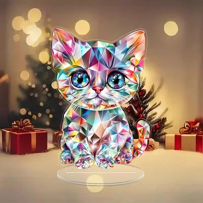 2D Flat, Crystal Cat Acrylic Standee Desktop Decoration, with Base, Suitable for Wall Decoration, Porch, Room, Villa, Accents Home, Hallway, or Workpl