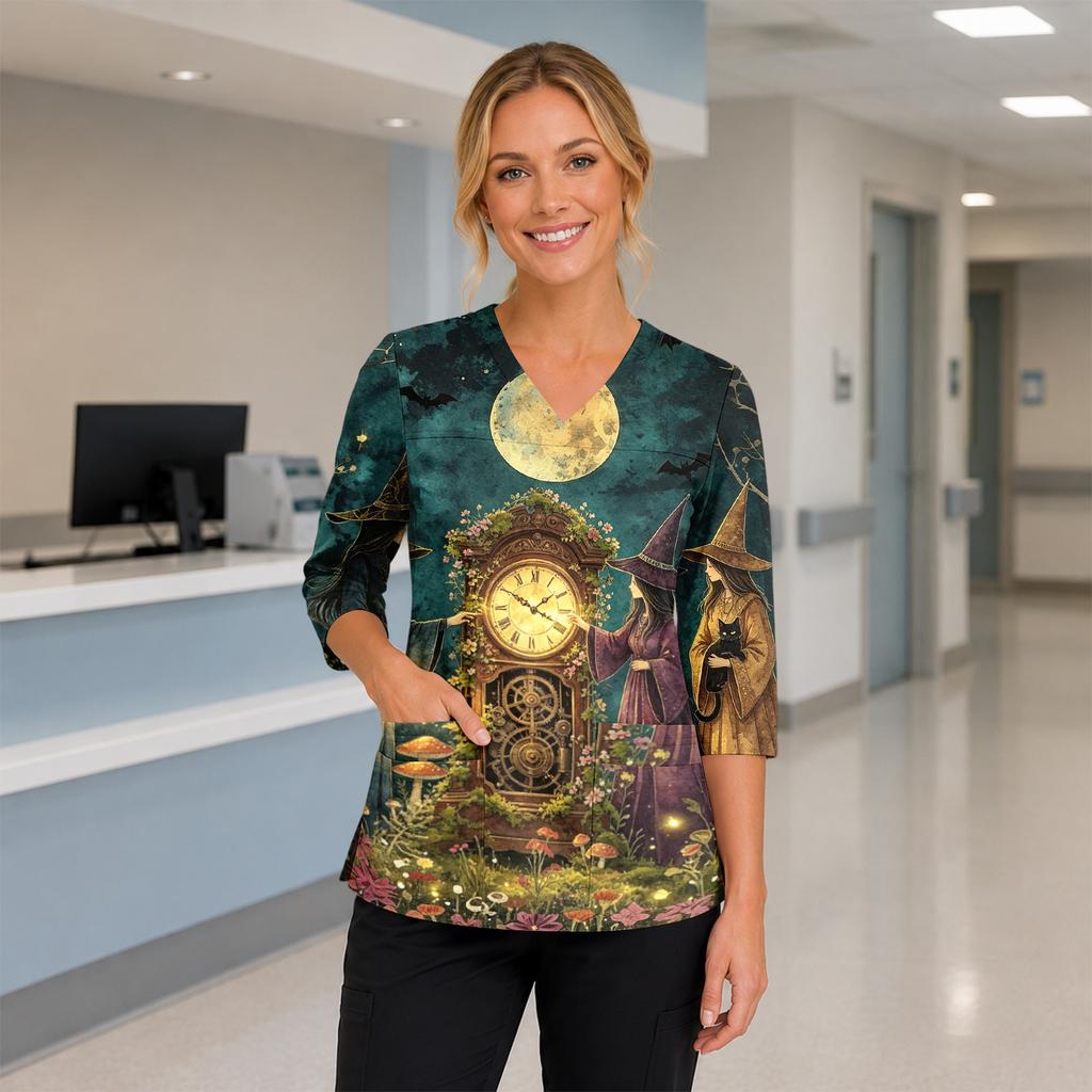 Women's V-Neck Costume with Pockets Halloween Print Side Slit 3/4 Sleeve Top for Cosplay Party