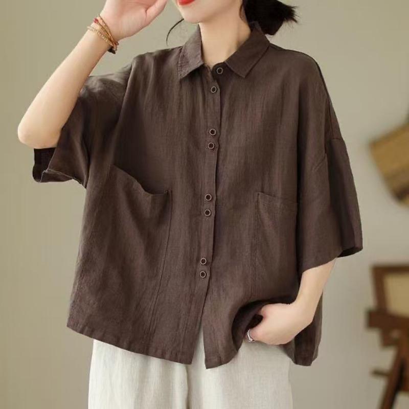 Womens Linen Cotton Button Up Blouse Casual Short Sleeve Pocket Shirt