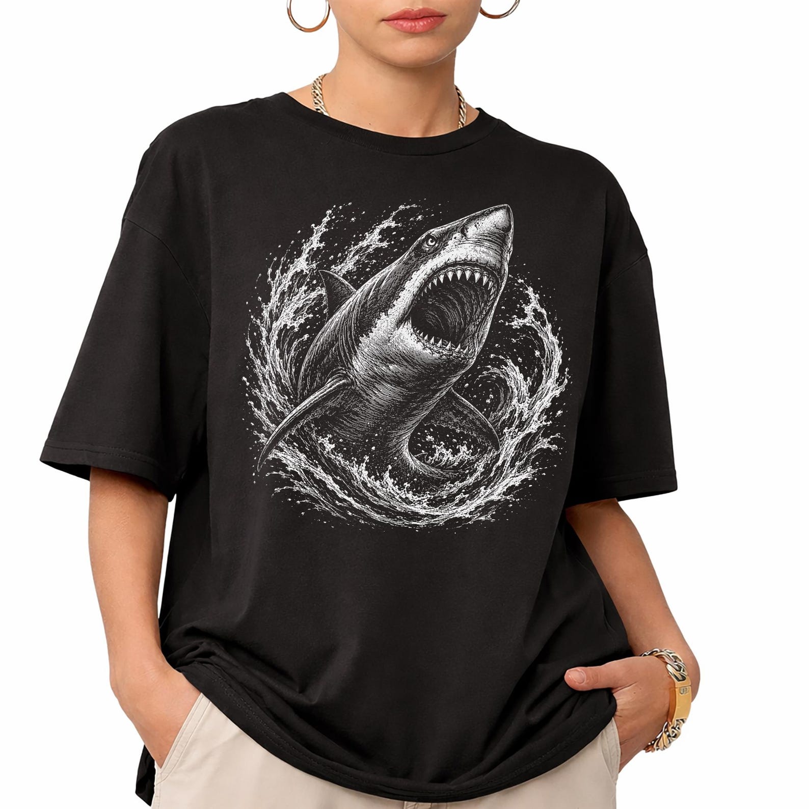 Vintage Shark Graphic Tee, Ocean Predator Marine Life Shirt, Comfort Colors Cotton Top M
