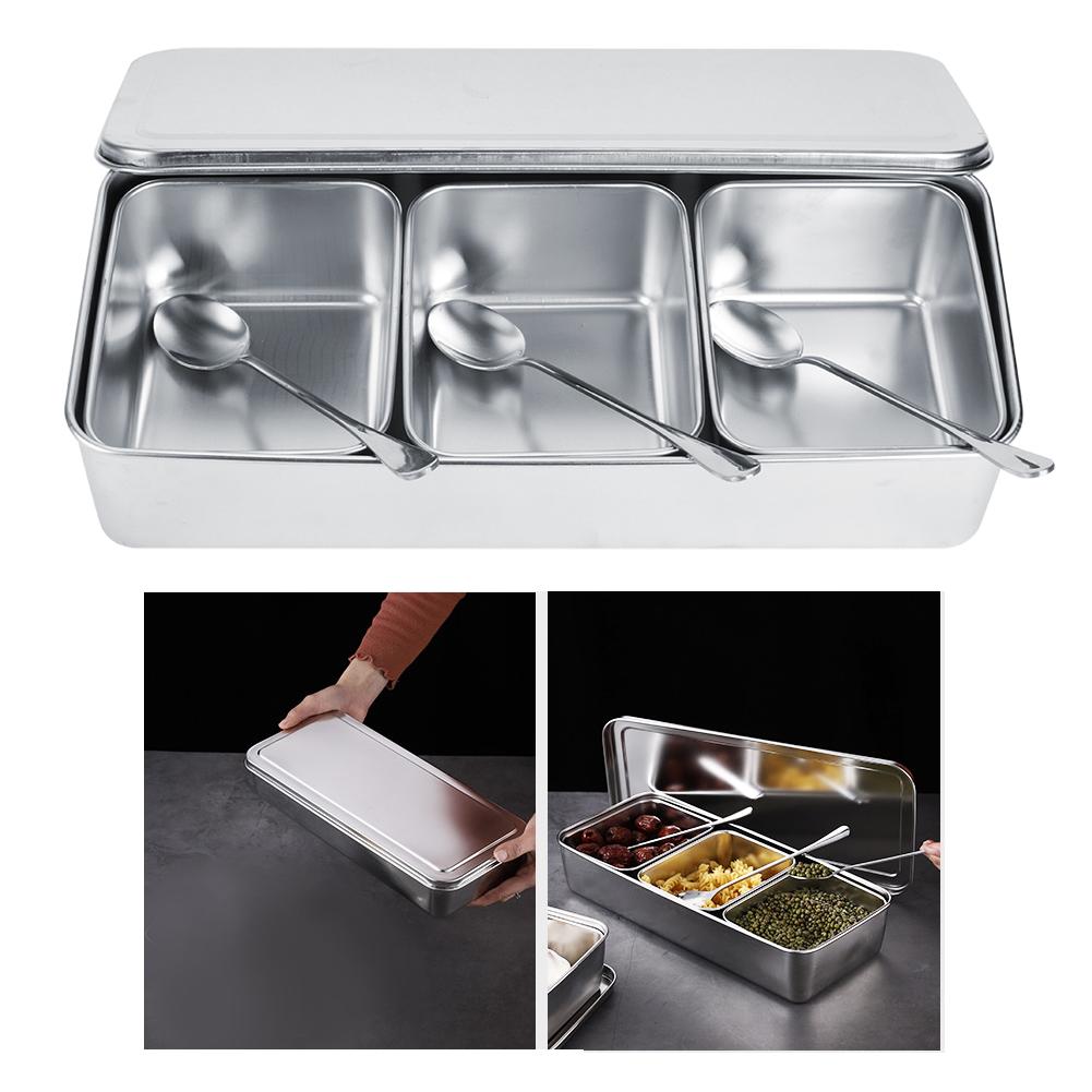 

Household 3‑Grid Stainless Steel Seasoning Box Jar Spice Container Set with Spoons Cover