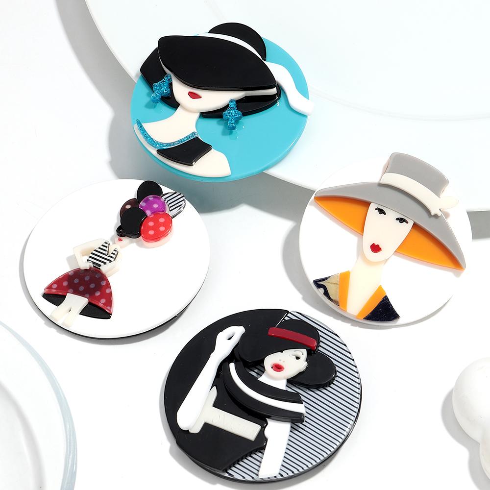 Neue moderne runde Acryl-Broschen für Damen, Mode, Hut, Mädchenfigur, Abzeichen-Pins, Büro Schmuck, Tasche, Kleidung Zubehör, Geschenke