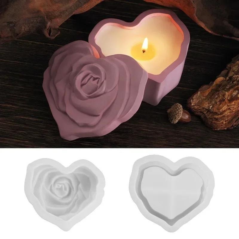 Handmade Creative Diy Heart Shape Rose Storage Box Silicone Mold with Lid DIY Carved Rose Candle Jar Concrete Cement Mould Epoxy