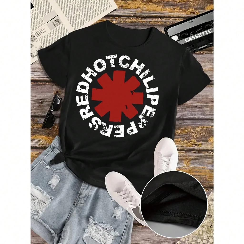 Crew Neck Short Sleeve Polyester Knit Top With Geometric Pattern Wounisex'S Red Hot Chilli Peppers Graphic T-Shirt Casual