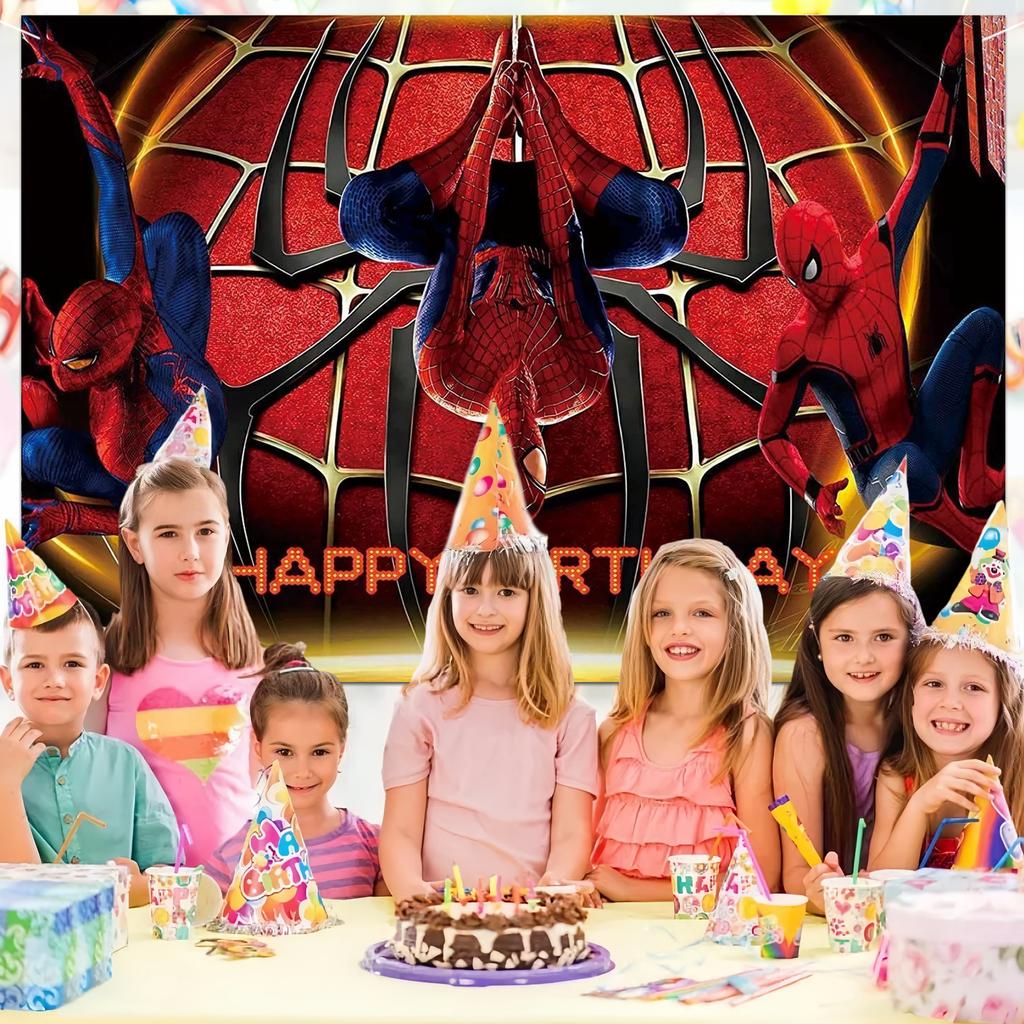 Spider Birthday Backdrop, Red Spider Web Spider Happy Birthday Banner,Spider Theme Photo Booth Background for Birthday P