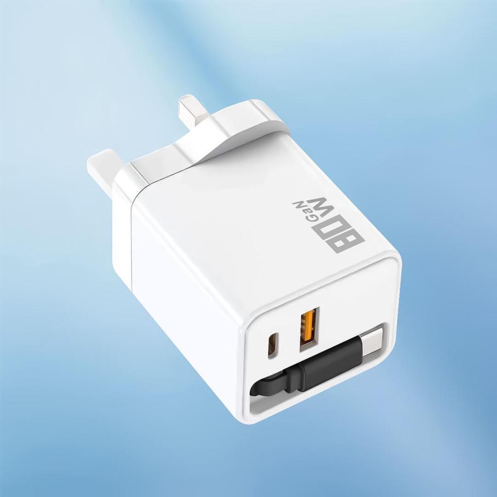 80W GaN Dual Port Retractable Fast Charger for Apple, Android, Huawei - USB A+C