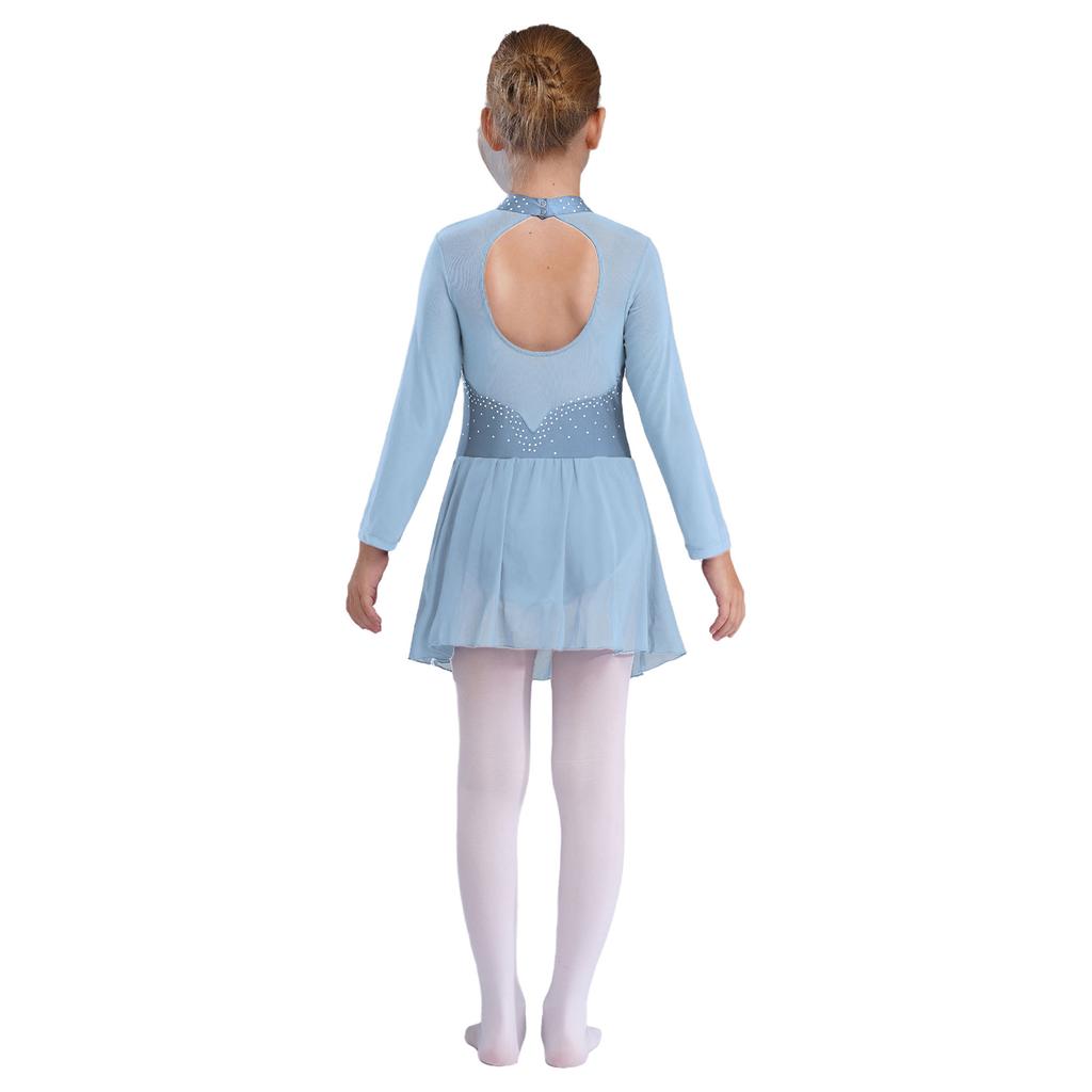 Girls Sparkling Mesh Dance Dress Long Sleeve Keyhole Back Leotard for Ice Skating Ballet Costume