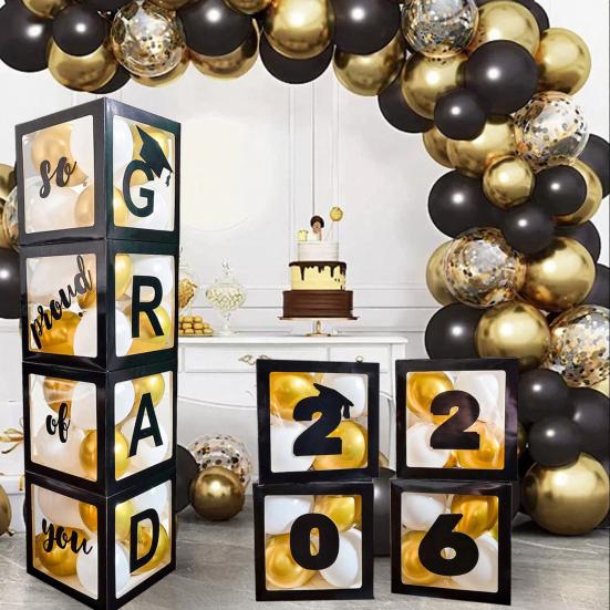 4 Pcs 2026 Grad Balloon Boxes Black Balloon Boxes with Letters So Pround of You Graduation Party Decoration for College High School Class of 2026