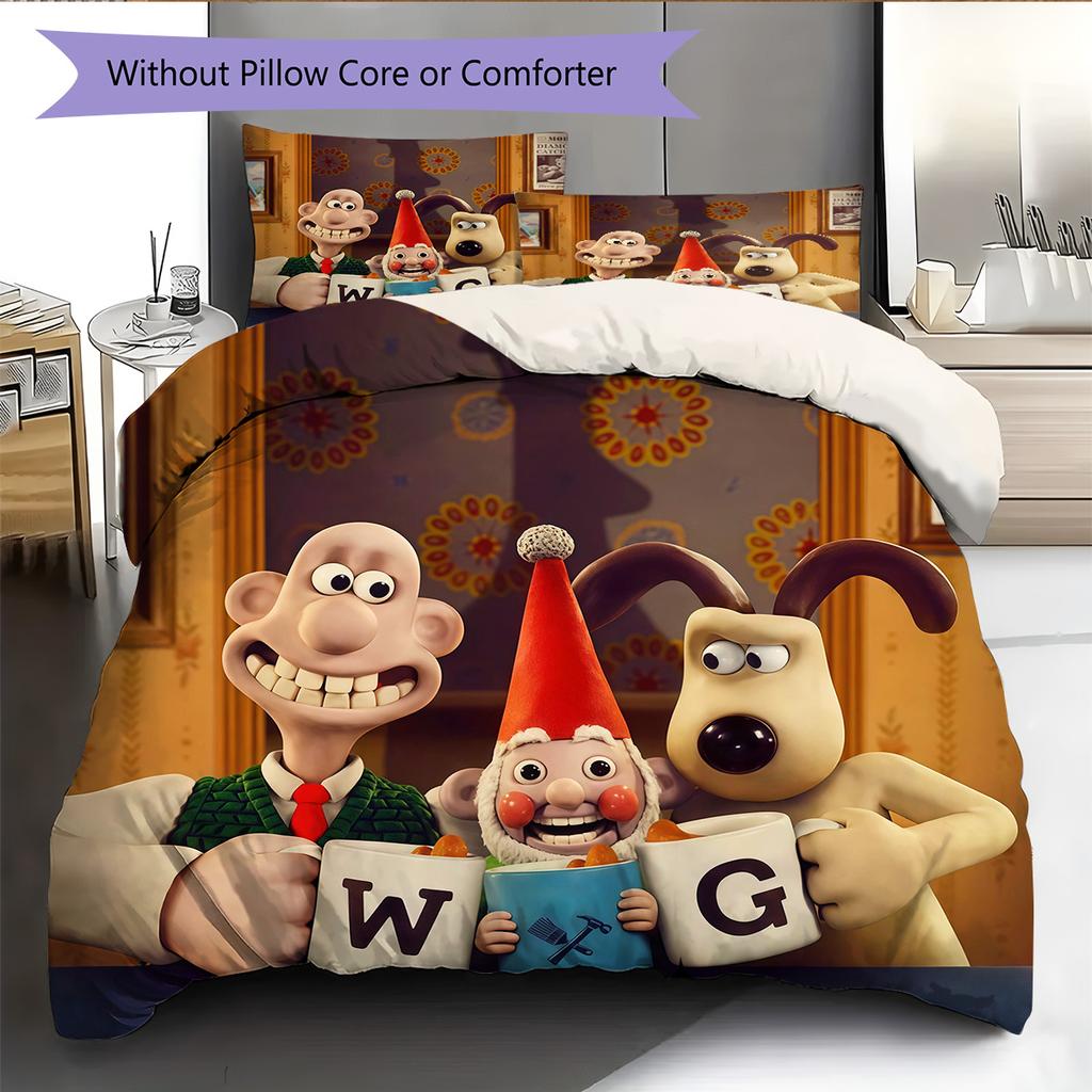 Wallace and Gromit2 Pattern Bedding Quilt Set Home Decoration Gift (1 * duvet cover + 2 * pillowcase without core)