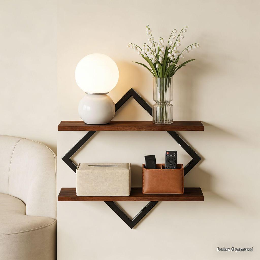 In-Stock Double Layer Iron & Wood Diamond Wall Shelf for Living Room/Bedroom