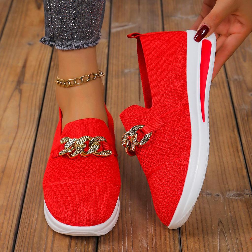 Fashion Women Pink Casual Shoes Breathable Mesh Shoes Woman Lightweight Chain Shallow Ladies Wedge Heels Shoes Spring Autumn Loafers