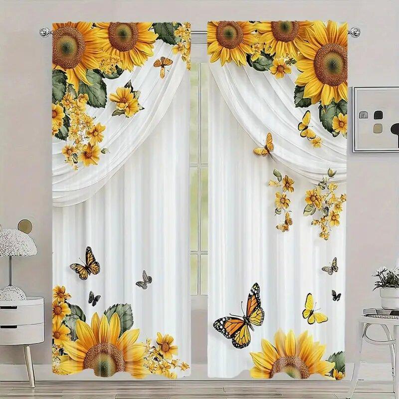 Retro Sunflowers And Butterflies - Pole Bag Curtains, Bedroom And Kitchen Decoration, Home Decoration, Living Room Decoration