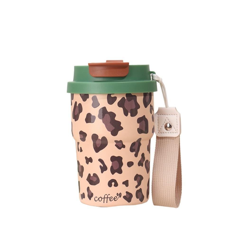 Leopard Print Thermal Water Bottle 450ml Drinking Straw Cup Vacuum Flask Sports Activities