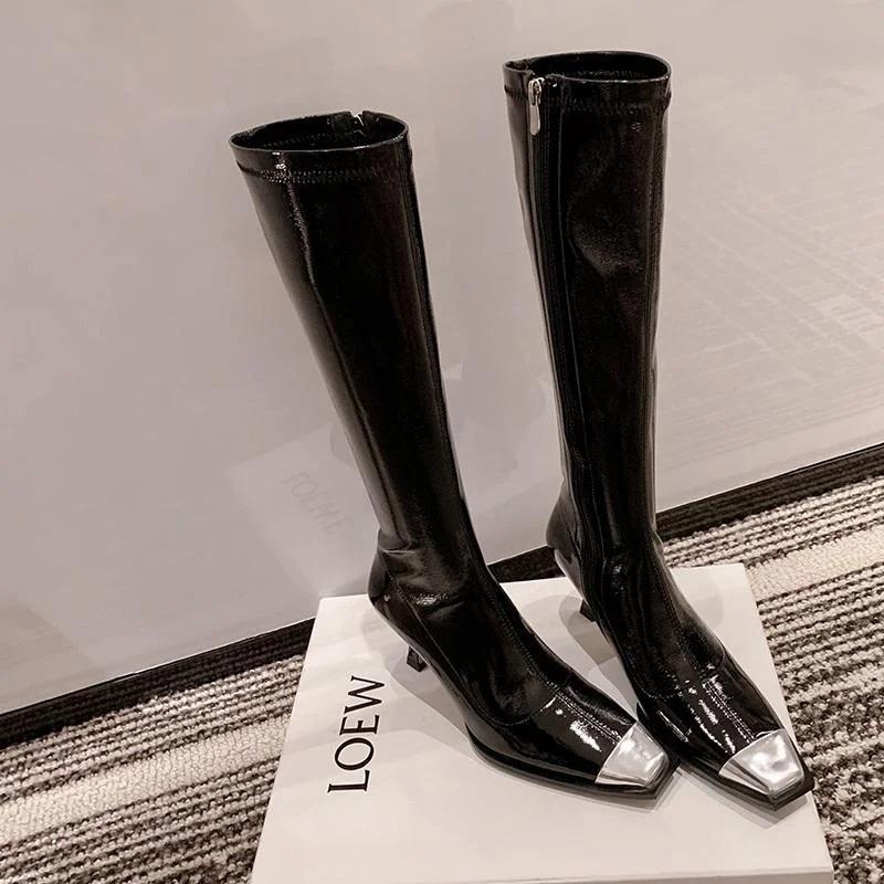 

Сапоги до колена Женские каблуки Эластичные Элегантные Сапоги на каблуке для женщин Квадратный носок Новинка по акции 2025 Готическая обувь 40