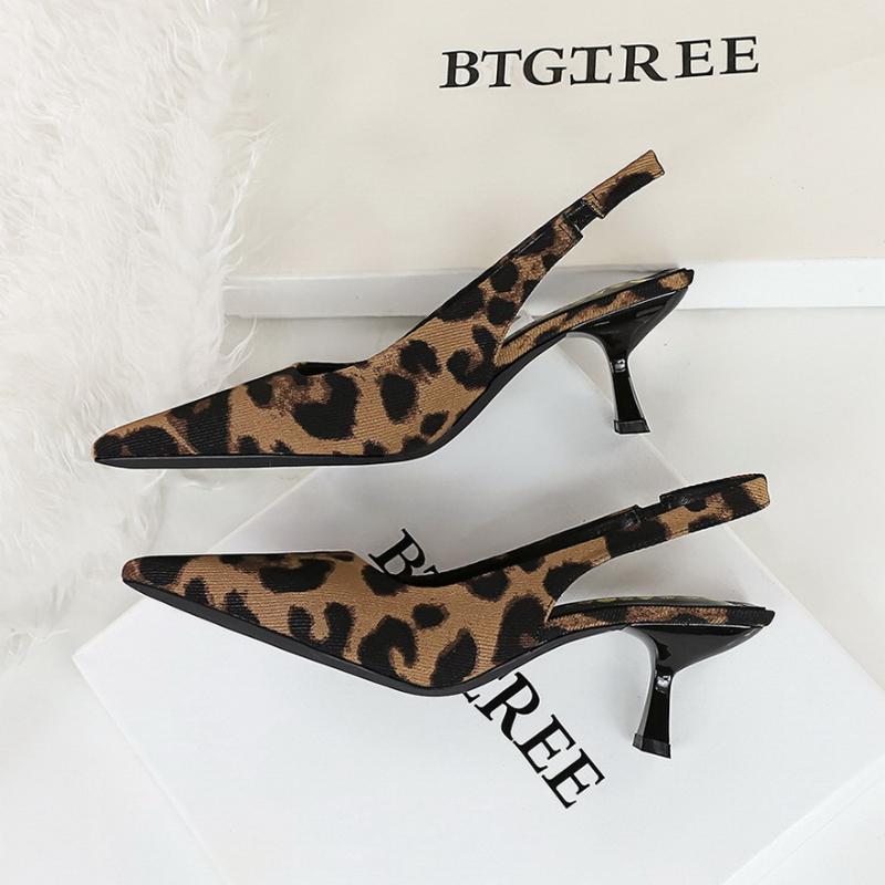Fashion European And American Style Banquet High Heels Leopard Print Thin Heel Hollow Pointed Toe Single Shoes Tripping Temperament