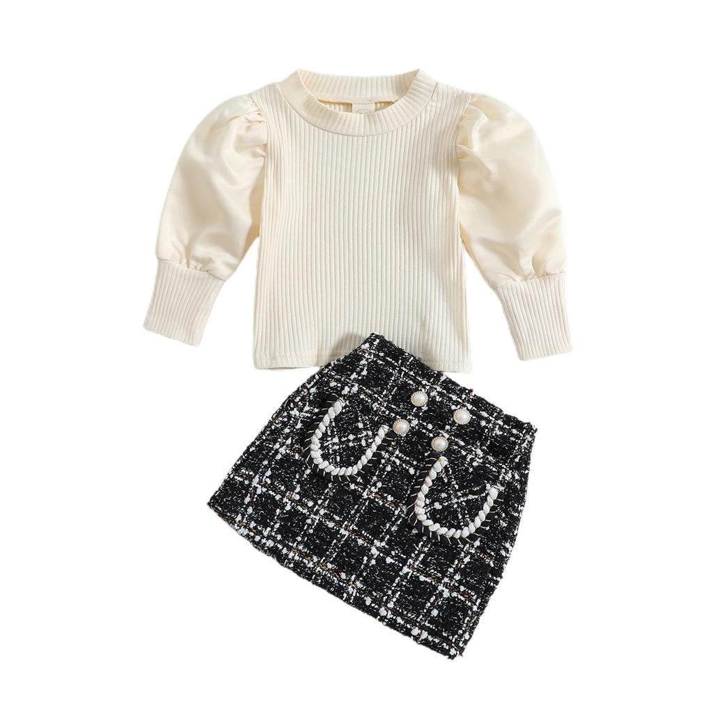 Fashion Toddler Baby Girls Clothes Sets Long Puff Sleeve Ribbed Knit Tops Princess Skirts 2pcs Children Outfit