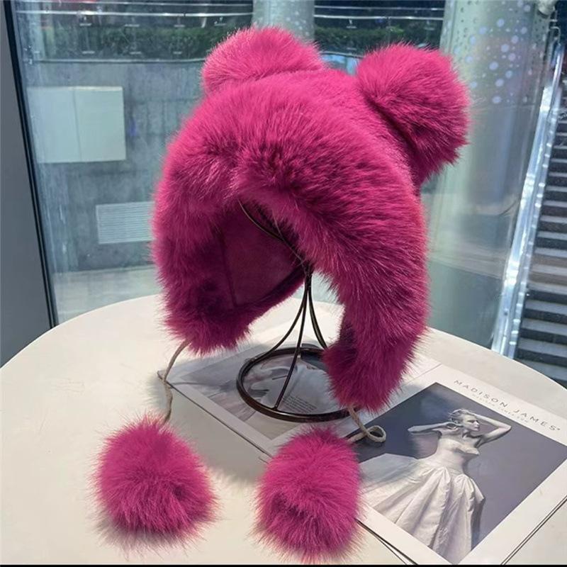 Warm Bear Ears Cute Plush Hat Female Autumn and Winter Face Little Student Hat Cycling Ear Protector Lei Feng Hat
