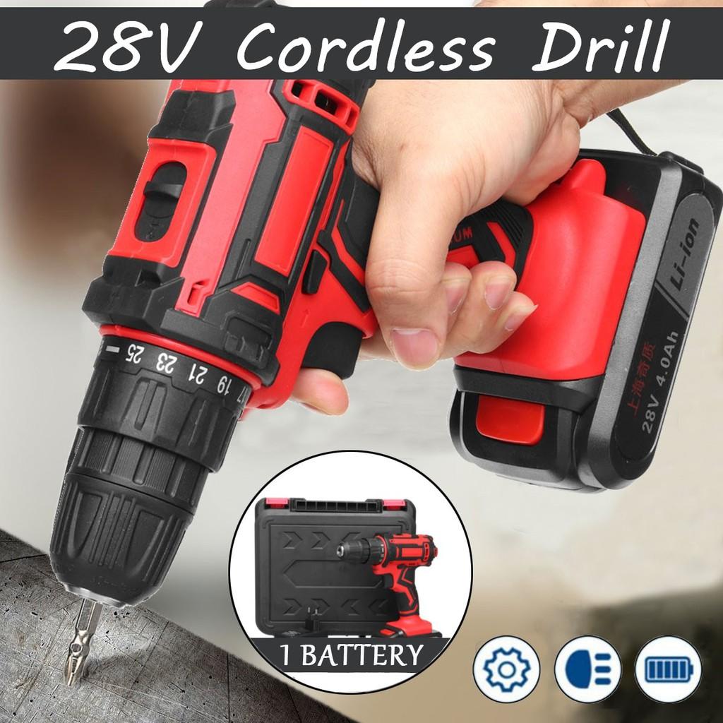 28V 48Nm Cordless Electric Drill Driver Set Screwdriver + Li-lon Battery And Charger AC100-240V