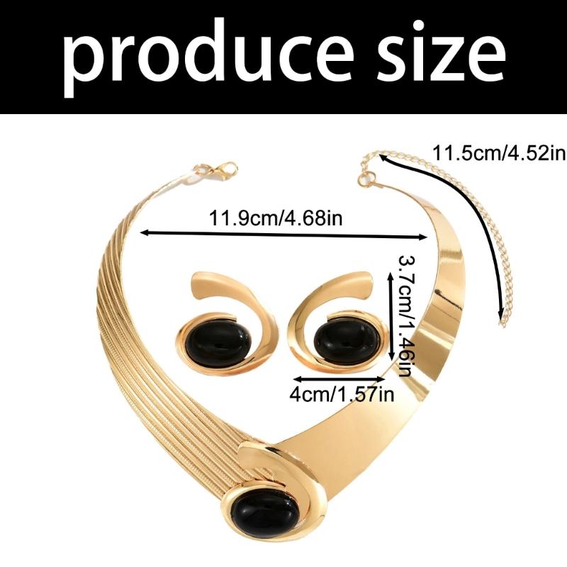 Versatile Geometric Jewelry with Oval Stone Gold Color Necklace Earrings Set Geometry Accessories For Stylish Women