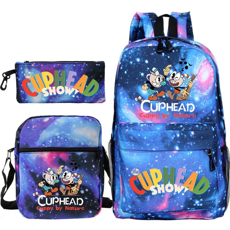 Cartoon Teacup Head Cuphead Student Backpack Oblique Span Bag Pencil Bag Primary And Secondary School Students Children'S Schoolbag Three-Piece Set