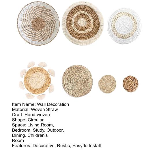 7/9Pcs/Set Boho Wall Basket Decoration Handmade Woven Round Flat Wall Hanging Decor Bohemian Decorative Rustic Rattan Seagrass Wicker Wall Art