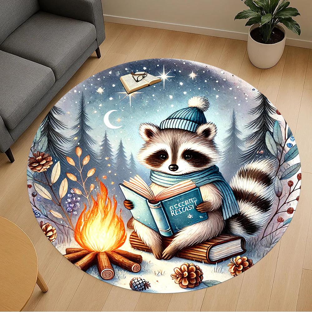 1pc Raccoon, Campfire Round Chair Mat Area Rug - Non-Slip, Floor Mat for Office, Bedroom, and Indoor Decor -1002071
