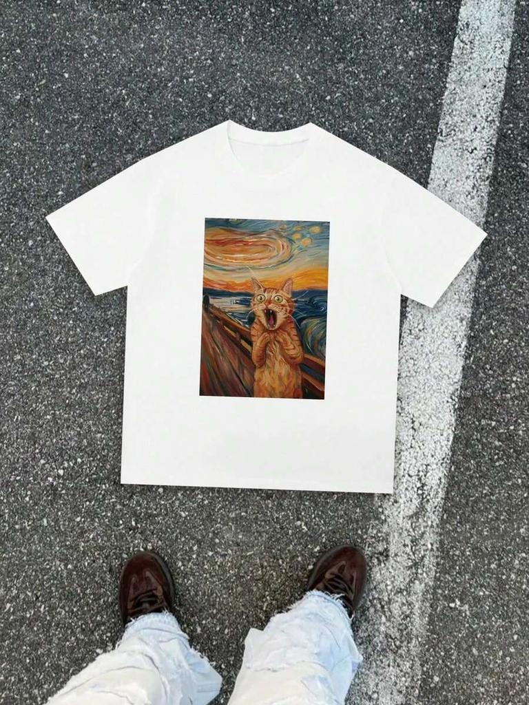 Lustiges künstlerisches Rundhals-T-Shirt für Unisex, Druck mit berühmtem Gemälde 'Schreiende Katze'