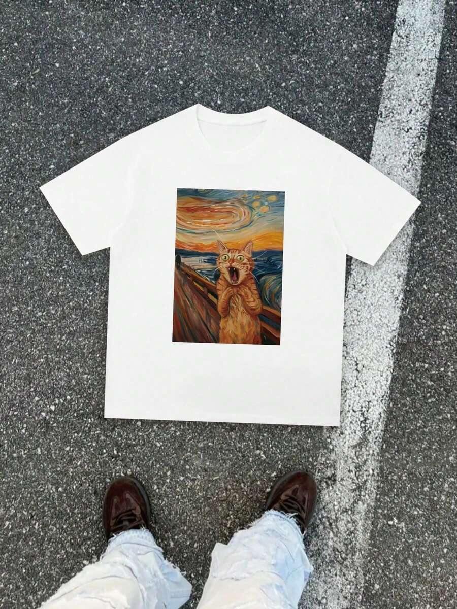 Funny Artistic Style Round Neck Unisex s T-Shirt, Famous Painting Shouting Cat Print S