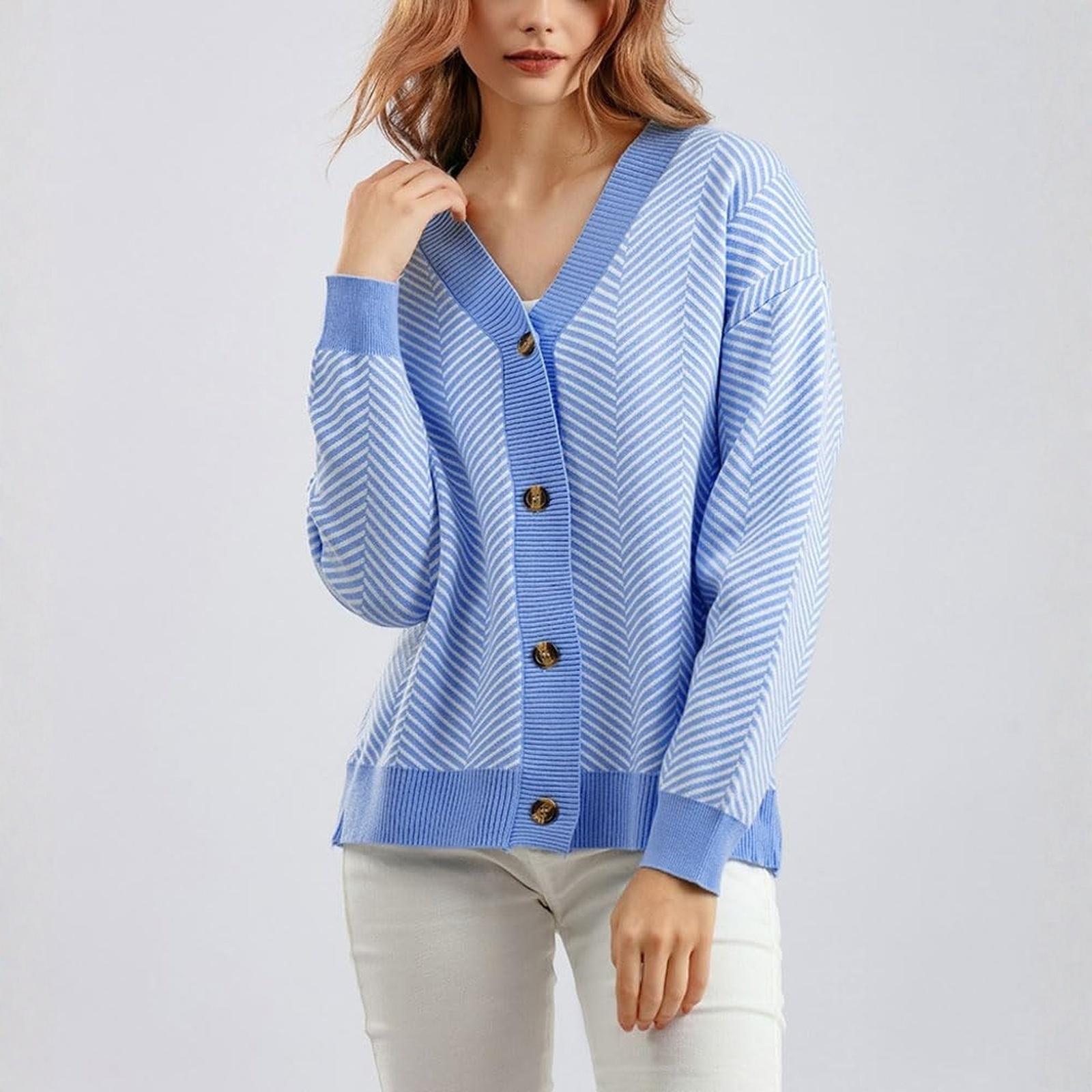 

Ladies Casual Fashion Buckle V-neck Striped Knitted Cardigan Sweater Jacket XS