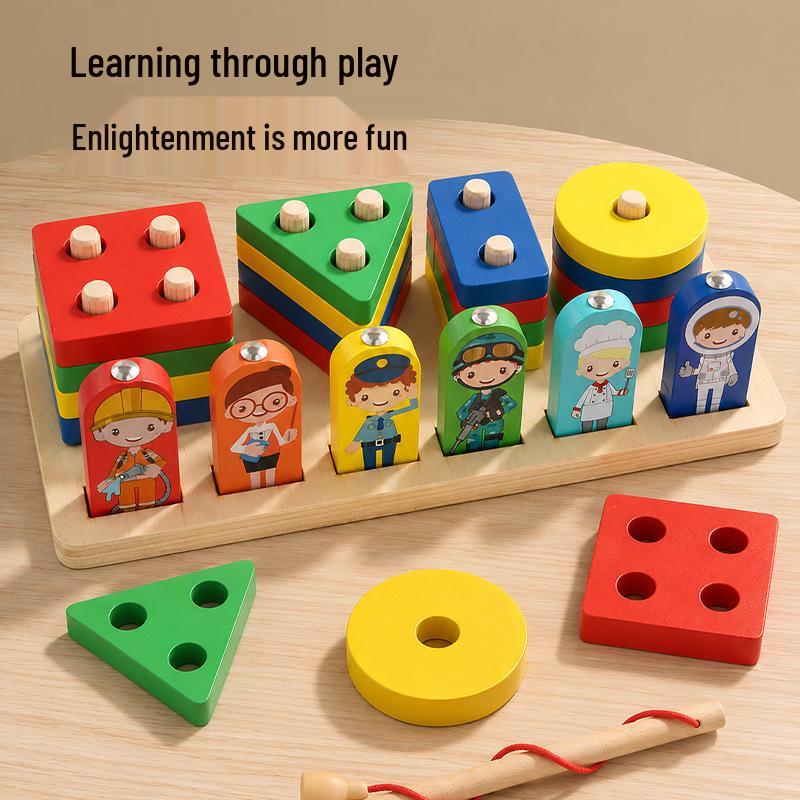 Montessori Wooden Geometric Stacking Cylinders for Toddlers - Educational Hands-on Brain-Developing Toy