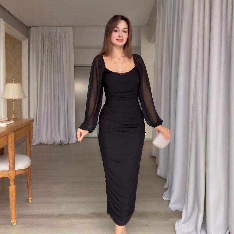 2025 Spring U-Shaped Pleated Solid Color Waist-Hugging Dress for Women