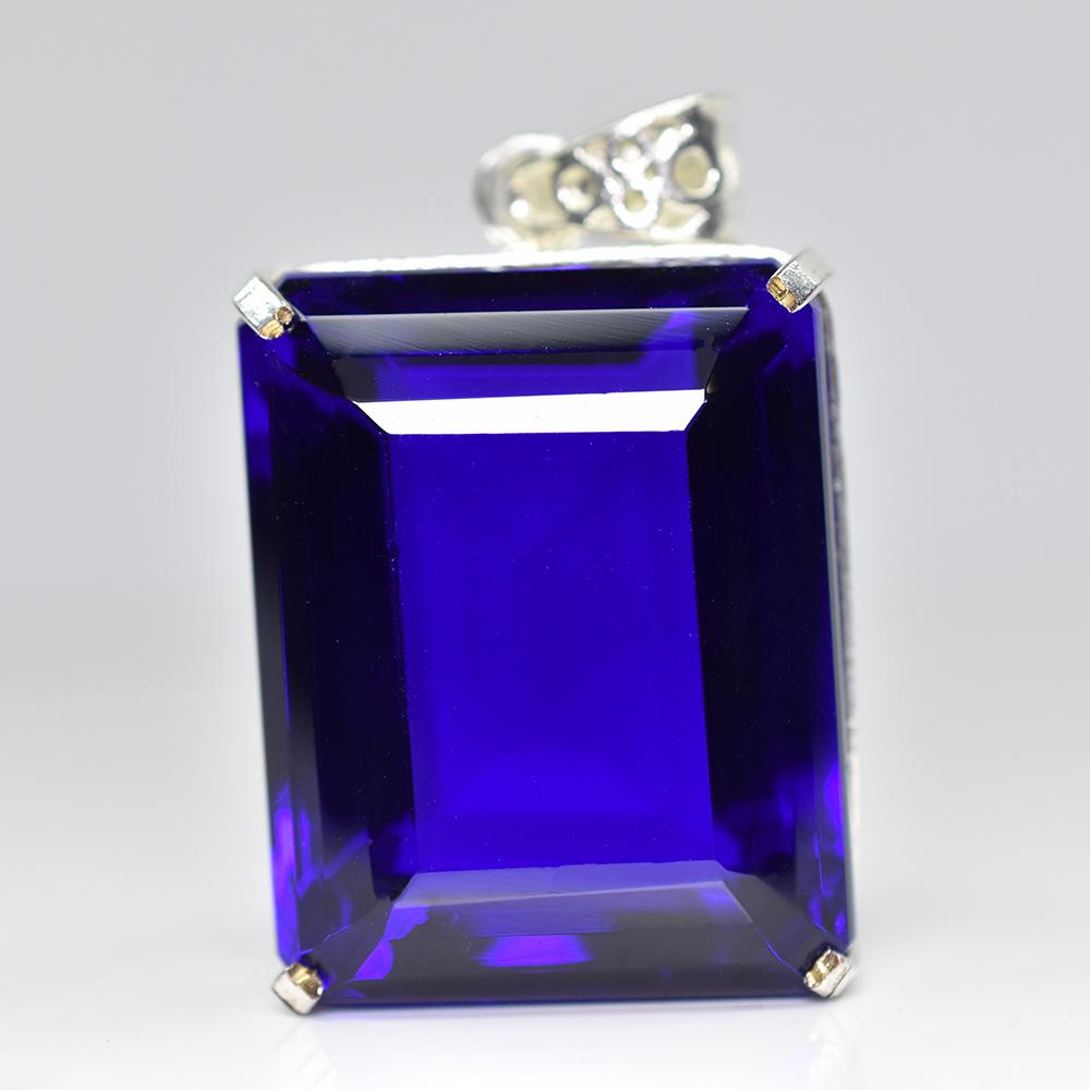 Lab Created 161 Ct CERTIFIED Emerald 925 Sterling Silver Blue Sapphire Pendant MY-PD-143-NS