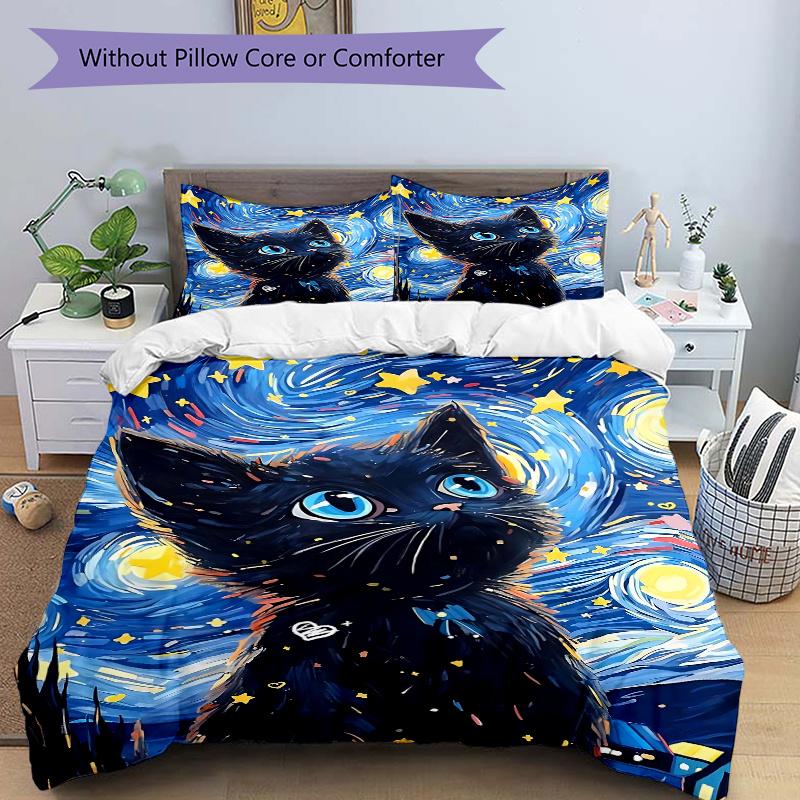

3pcs Starry Night Kitten Printed Quilt Set - Soft and Comfortable Quilt Cover for Bedroom, Guest Room and Dormitory Decorative Bedding Set N090 135x200cm
