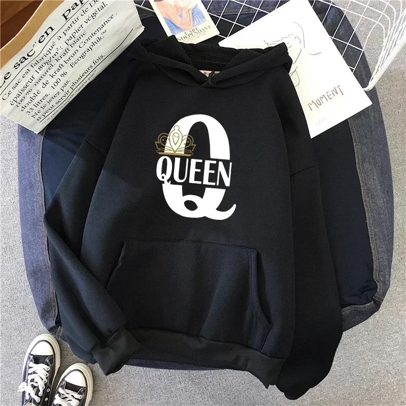 King Queen Print Women Hoodie Autumn Winter Long Sleeve with Pocket Pullover Home Outdoor Soft Comfortable Warm Women Sweatshirt