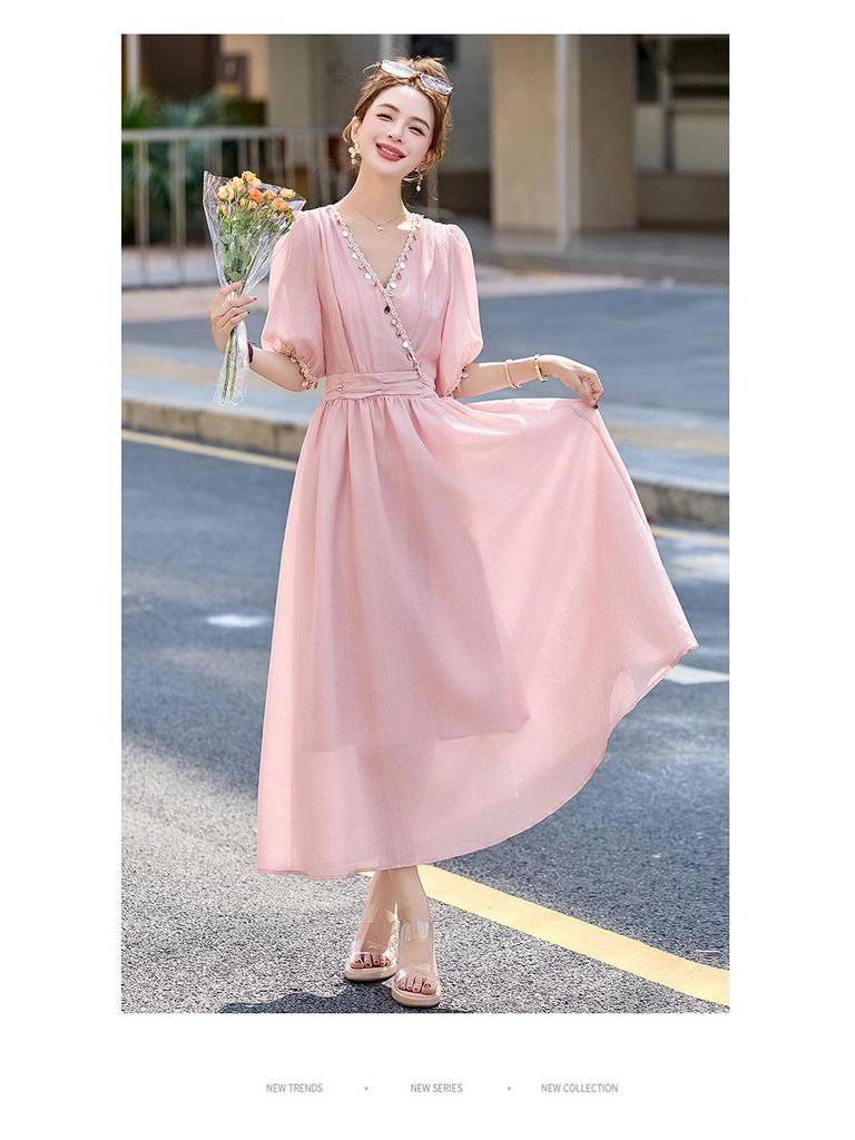 2025 Sommer Elegantes V-Ausschnitt A-Linien Kleid mit Einsätzen und hoher Taille ZQ2525
