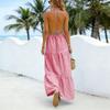 Women Casual Striped Halter Neck Maxi Dress Sleeveless Waist Cinch Long Dress Summer Vacation Beachwear