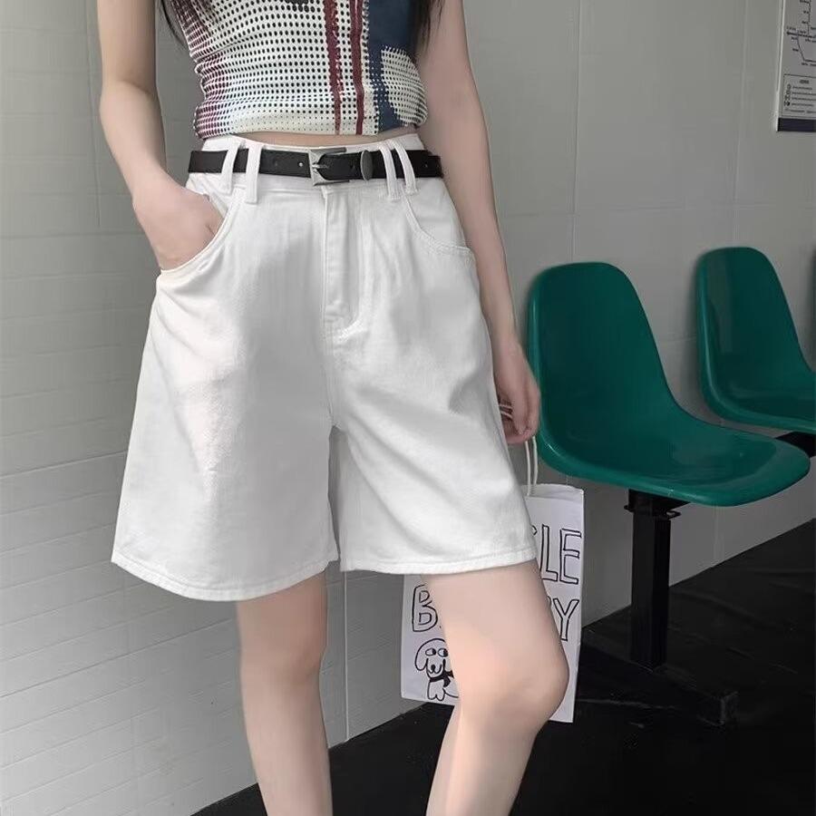Women's Summer High-Waist Loose White Straight-Leg Five-Point Denim Jeans, Casual A-Line Wide-Leg Capri Pants
