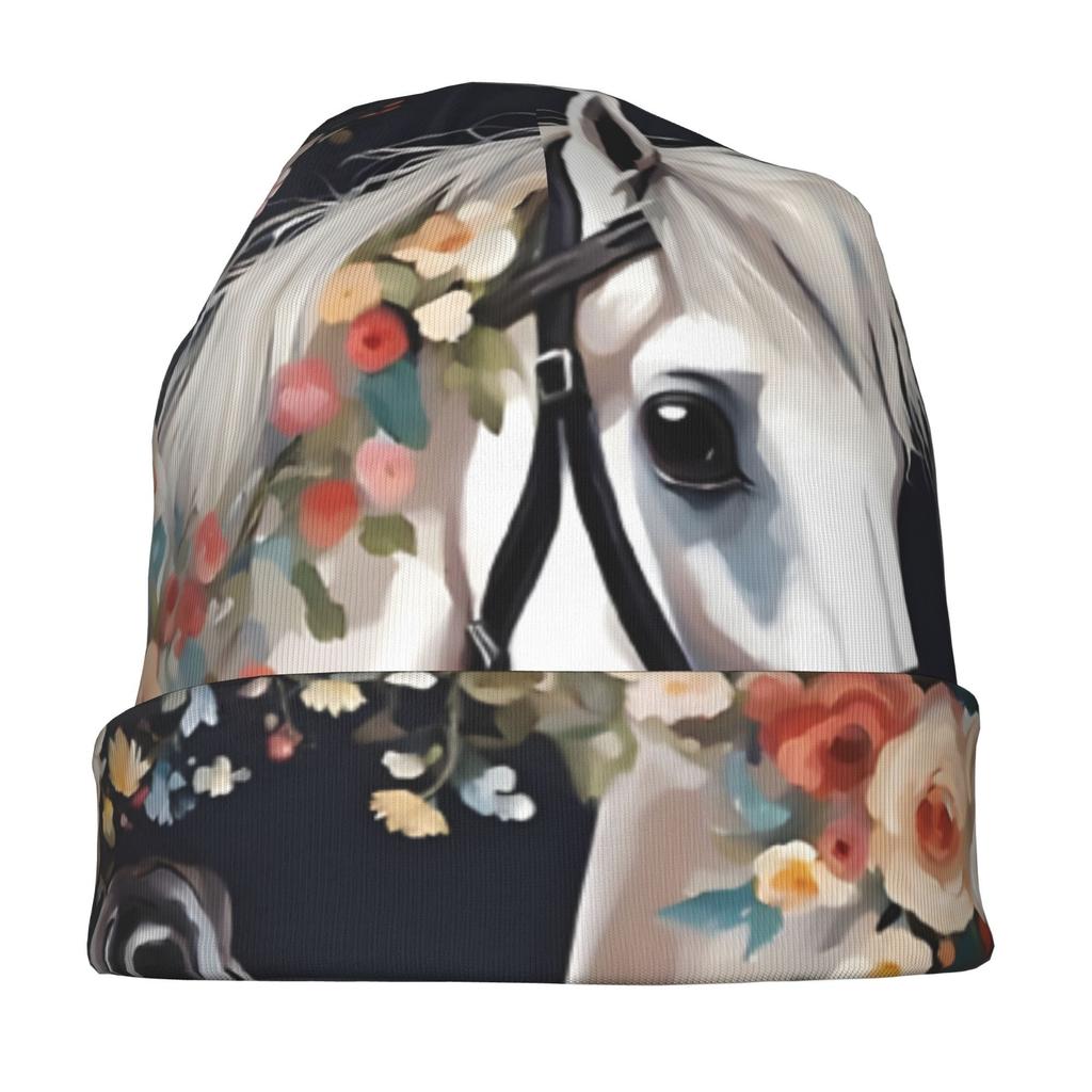 Farm Animals Painting Horse with Flowers Adult Fashion Beanie That Transitions Effortlessly from Morning Commutes to Evening Walks While Maintaining a