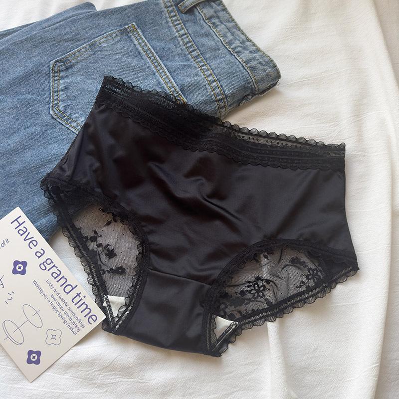 Lingerie Satin Lace Sexy Briefs Women's Underwear with Hip Wrapped Bow High-end Feeling Light Luxury Semi Transparent Triangle Panties