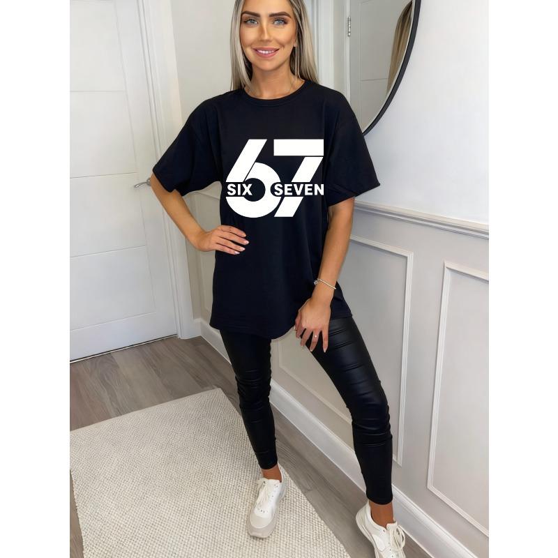 Oversized T Shirt Black 67 Six Seven Graphic Print Casual Streetwear Fashion Top For Women Summer Outfit