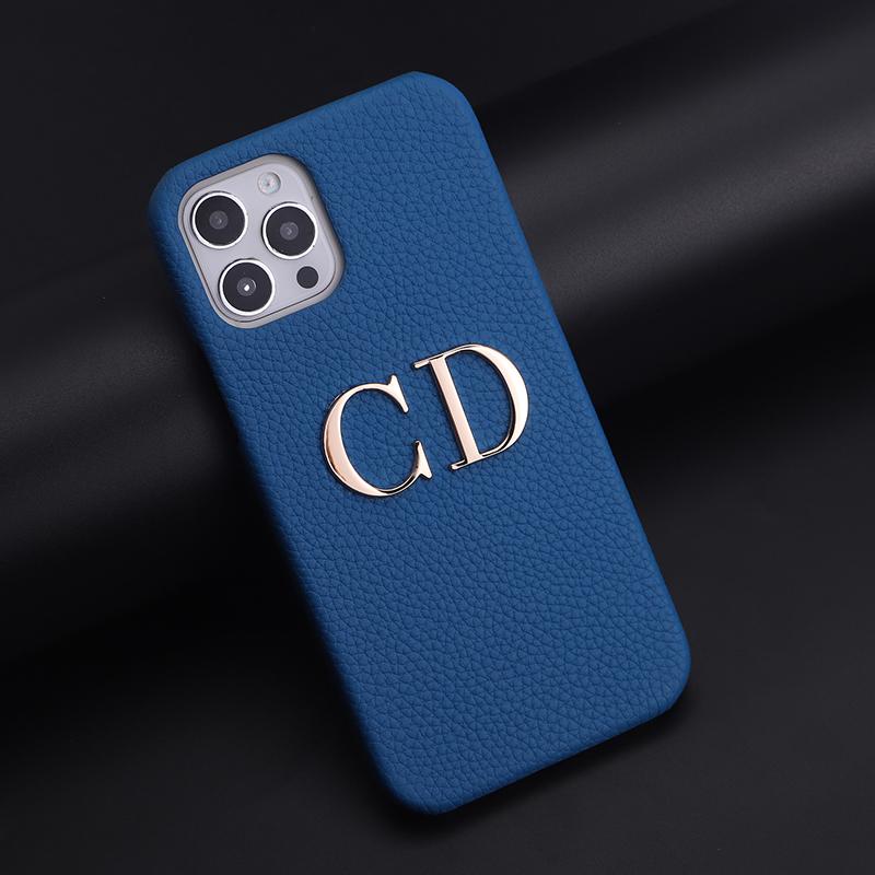 Custom Name Letter Gold Metal Genuine Leather Phone Cas for16 11 12 13 14 15Pro Max 16 15Plus XS XR Personalization Cover Luxury