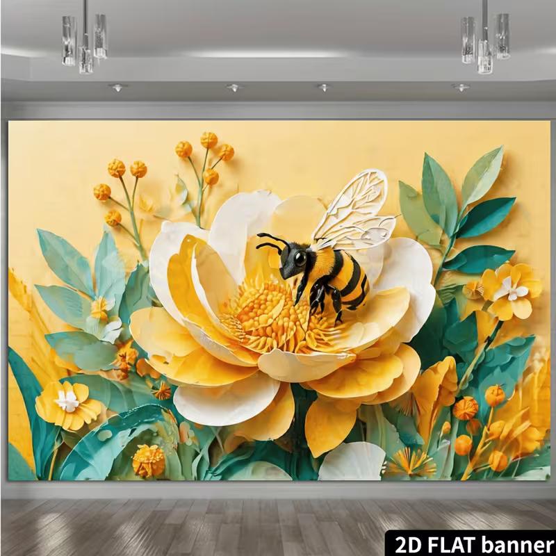 2D Spring Bee Flower Backdrop, Paper Art Style Bee On Yellow Bloom Photo Background