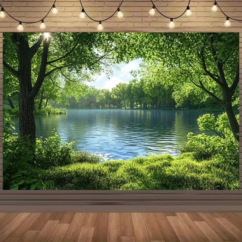 2D Summer Nature Tapestry Peaceful Lake View with Lush Forest Wall Decor