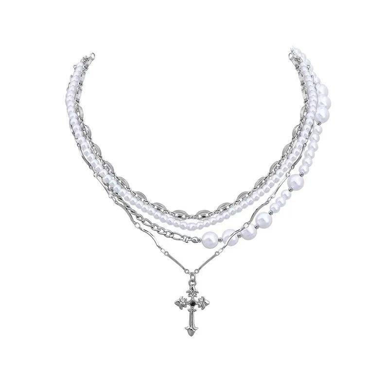 

French multi-layer stacked pearl cross necklace with diamonds heavy industry choker necklace female sweet cool babes collarbone chain