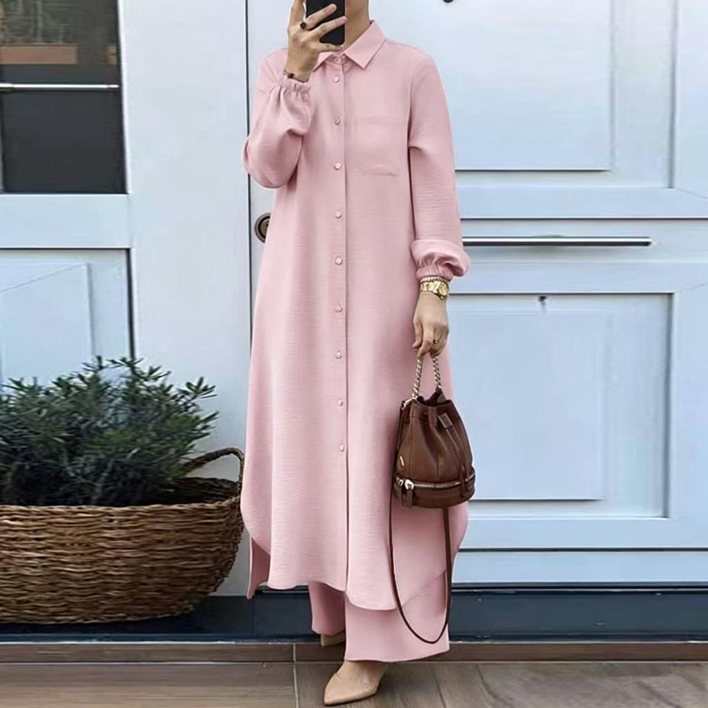 Women Solid Two Piece Outfit Lapel Long Shirt Maxi Blouse Wide Leg Pants Set Elegant Modest Muslim Abaya Suit Spring Daily Wear For Middle East Market