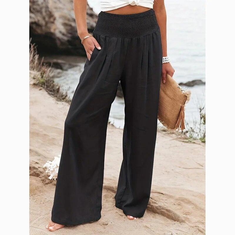 

Повседневные широкие брюки с высокой талией, женские удобные однотонные свободные мешковатые брюки, женские модные элегантные прямые брюки с карманами 30768 XL чёрный