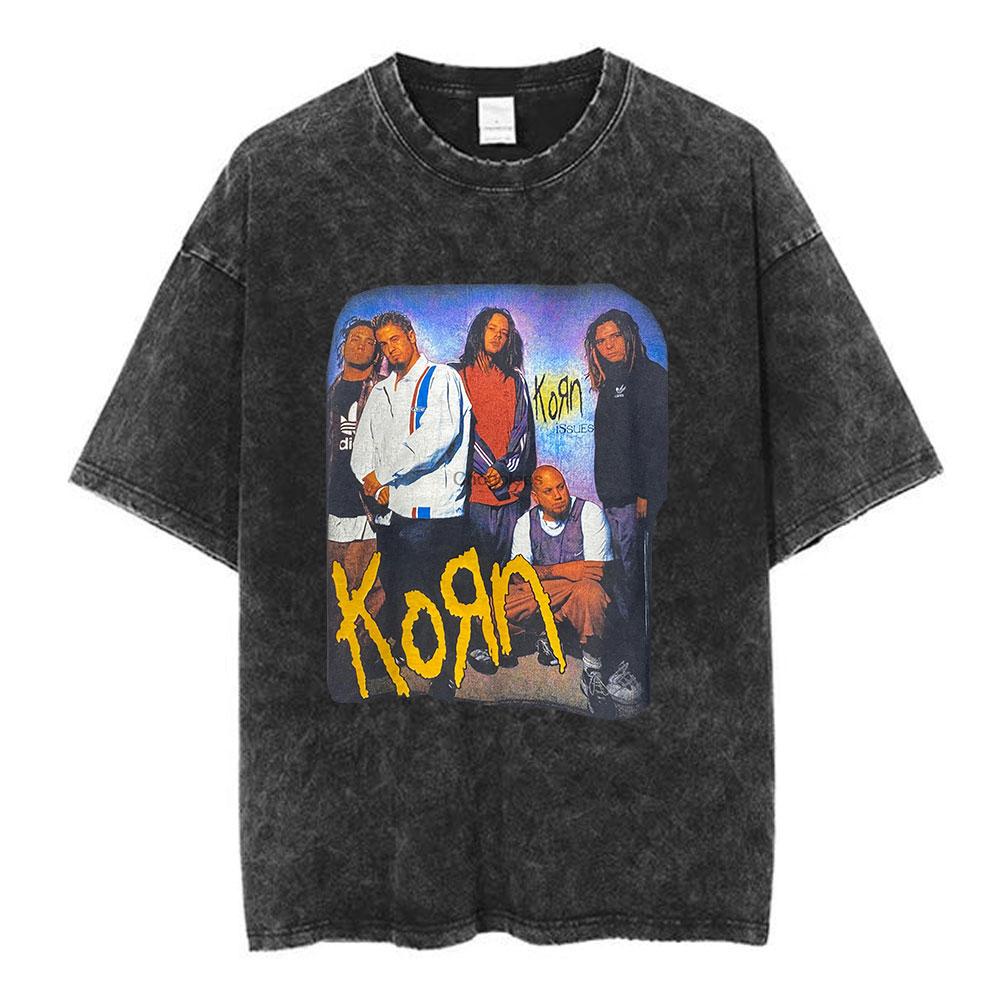 Korn Follow The Leader 20Th Anniversary Washed T Shirt Metal Gothic Rock Band T Shirts Men Vintage Oversized T-shirt Streetwear