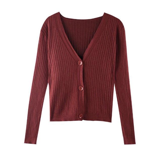 Loose and versatile V-neck knitted cardigan autumn sweater with temperament long-sleeved high-waisted short jacket tide