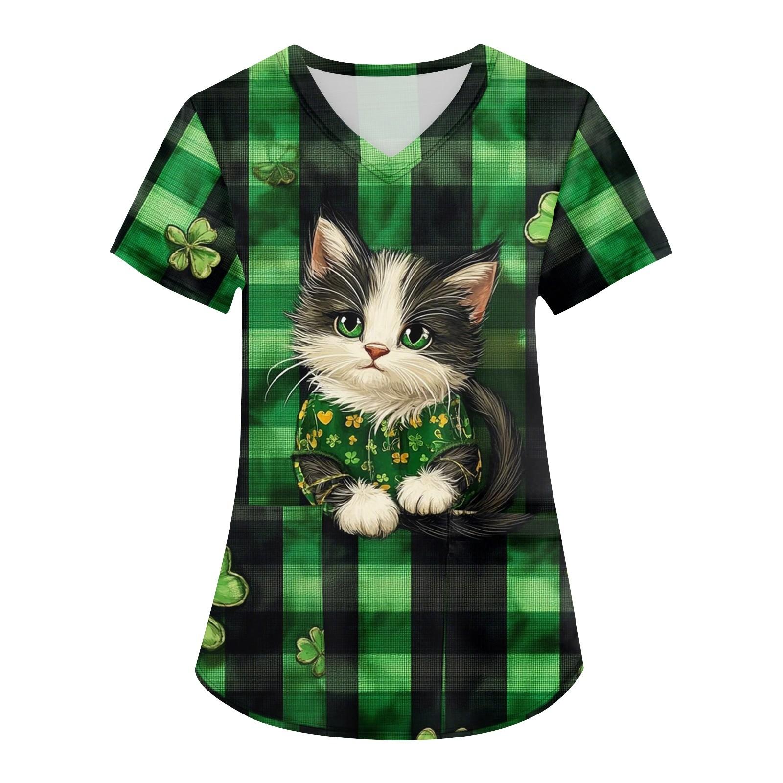 

Женская мода с v-образным вырезом, короткими рукавами и карманами, топы с принтом L армия зеленый